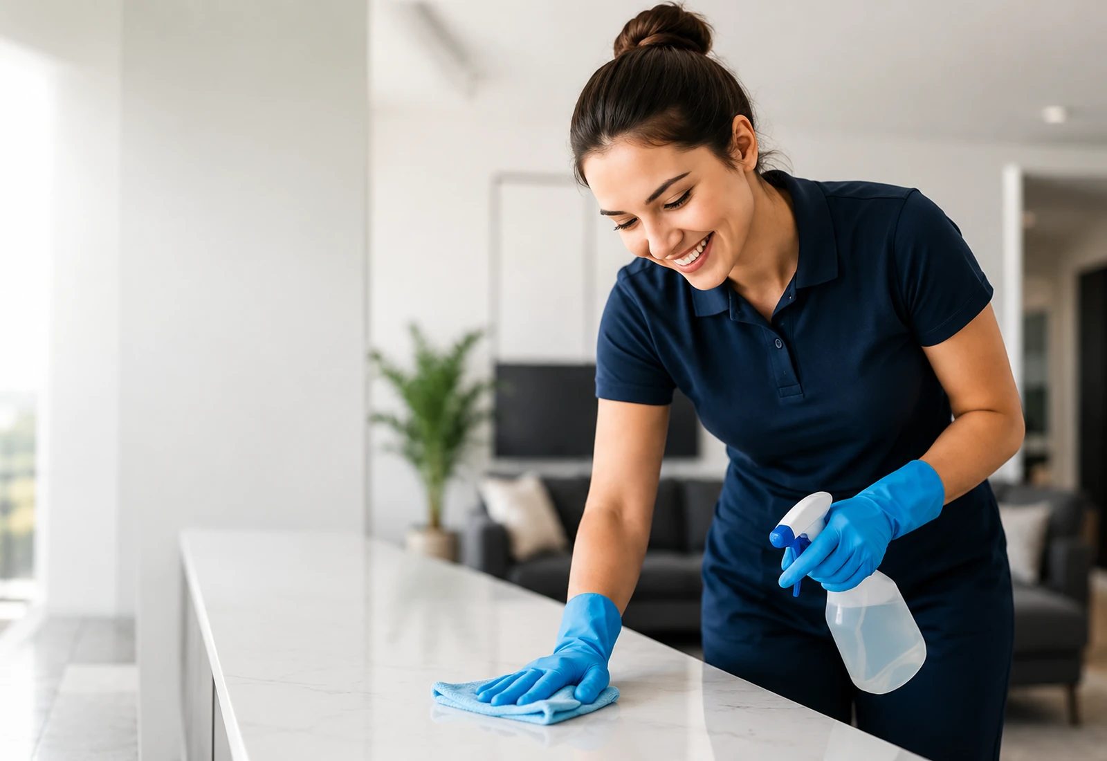Professional cleaner carefully cleaning a bright modern home